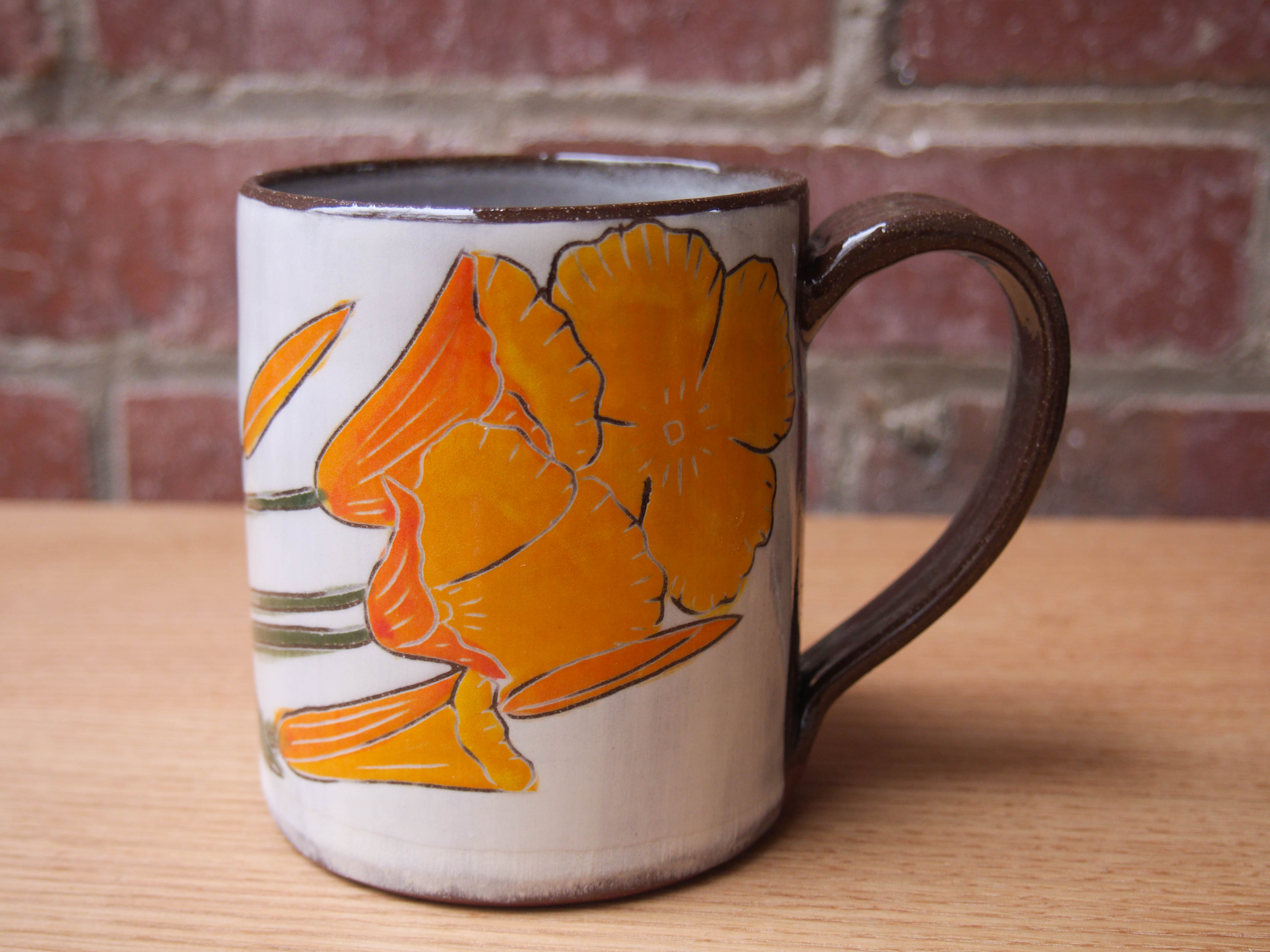 Ceramic Woodfired Mug | Orange Black | Flower Foot | Floral Design | order 12oz